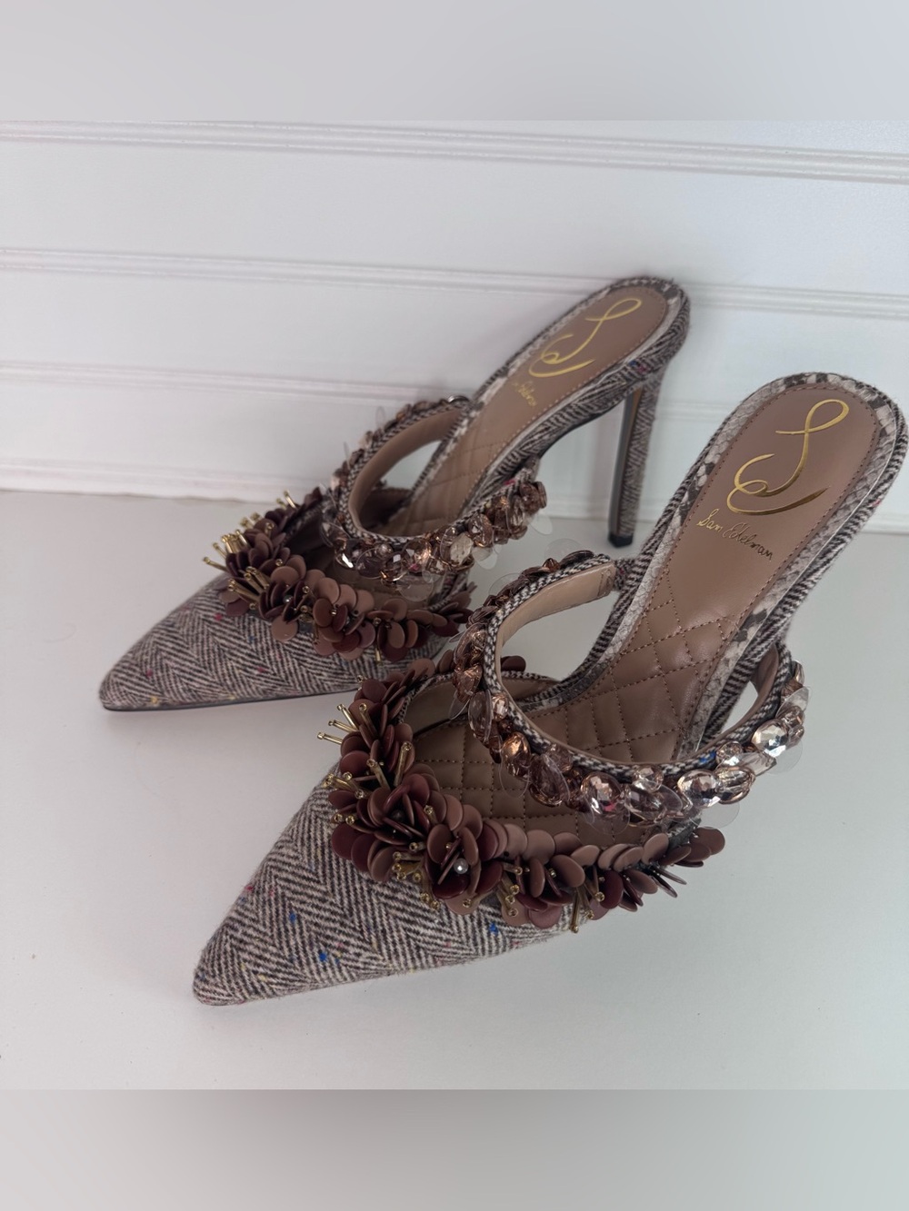 Sam Edelman Athena Brown Multi Embellished Tweed Stiletto Mules - 8 - NWOT - Picture 3 of 7